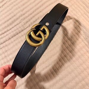Gucci Black Leather Belt with Antique Gold Interlocking GG Buckle